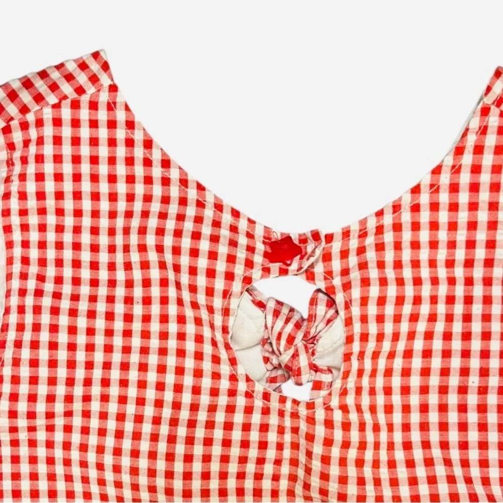 Girls 6 Samara gingham white red apron ruffled hem button detail graphic design